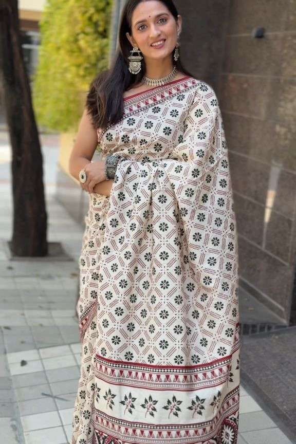 FESTIVAL WEAR SOFT COTTON AJRAKH PRINTED SAREE WITH BLOUSE S...