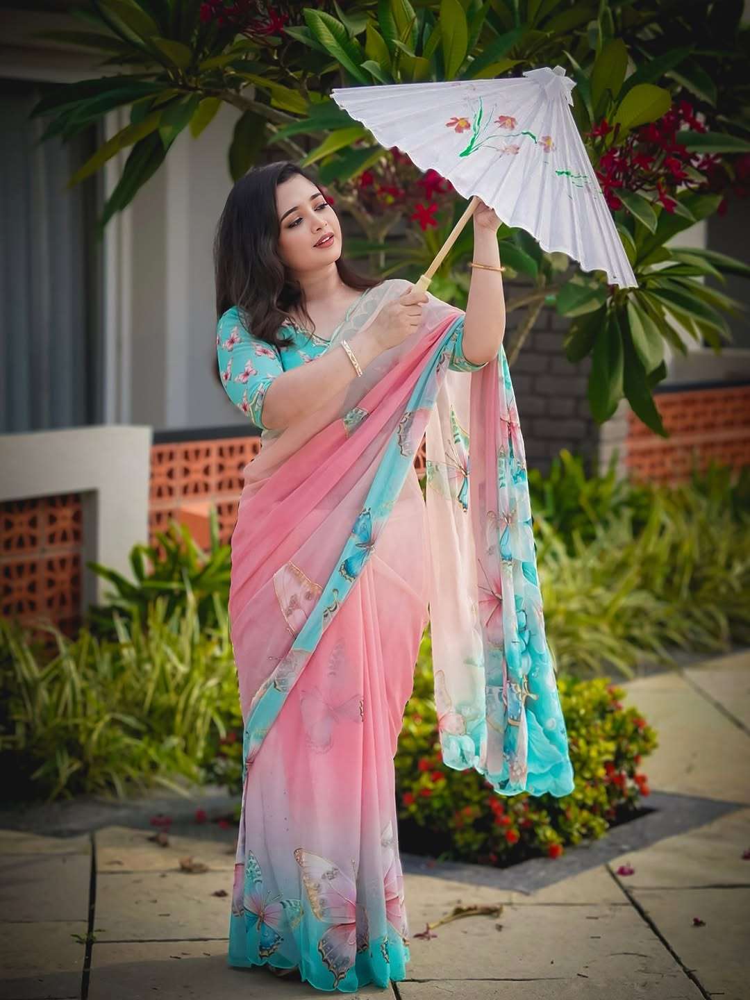 GEORGETTE FABRIC HAND WORK BUTTERFLY DESIGN ALL OVER SAREE B...
