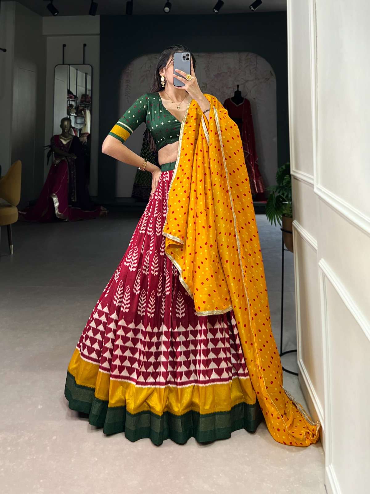 NAVRATRI FESTIVAL SPECIAL SILK FABRIC RED SHADES LEHENGA CHO...