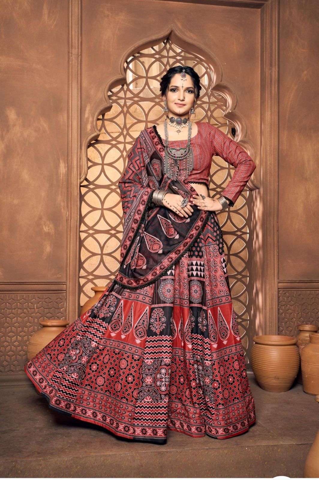 NAVRATRI NIGHT DESIGNER BLACK RED LEHENGA CHOLI READYMADE ON...