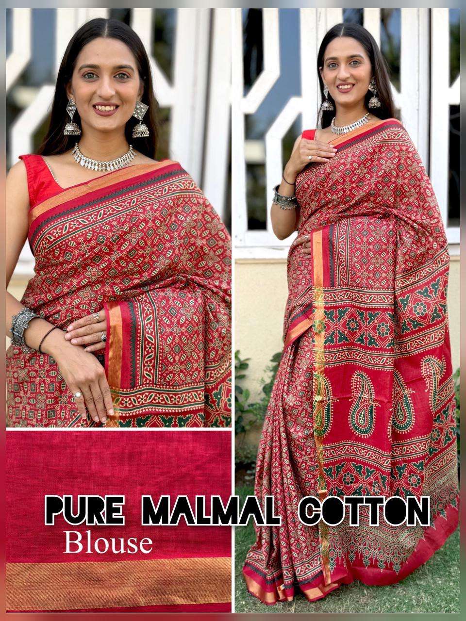 PARTY TYPE PURE MALAMAL COTTON AJRAKH PRINT SAREE WITH BLOUS...
