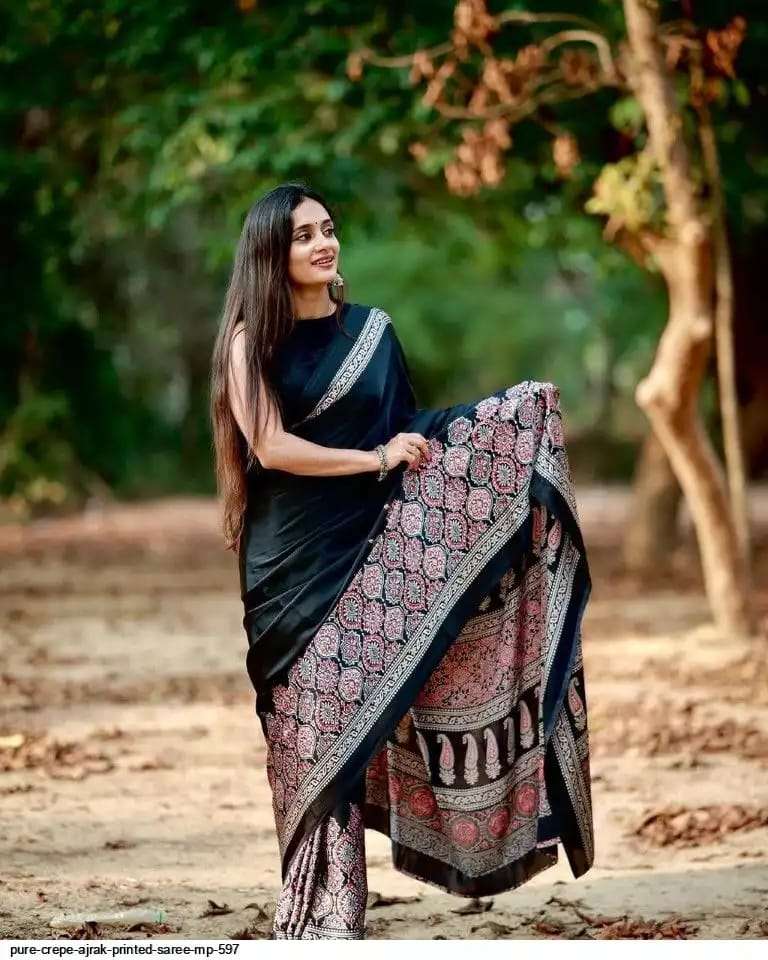 PARTY WEAR BLACK SHADES AJRAKH DESIGN FANCY LIGHTWEIGHT SARE...