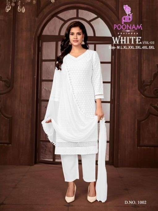 Poonam white volume 2 kurti pant with dupatta at wholesale r...