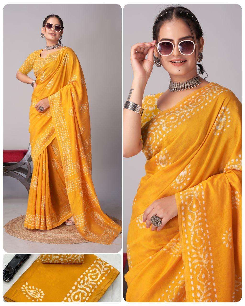 PURE CHANDERI SOFT COTTON HAND BLOCK PRINTED SAREE WITH BLOU...