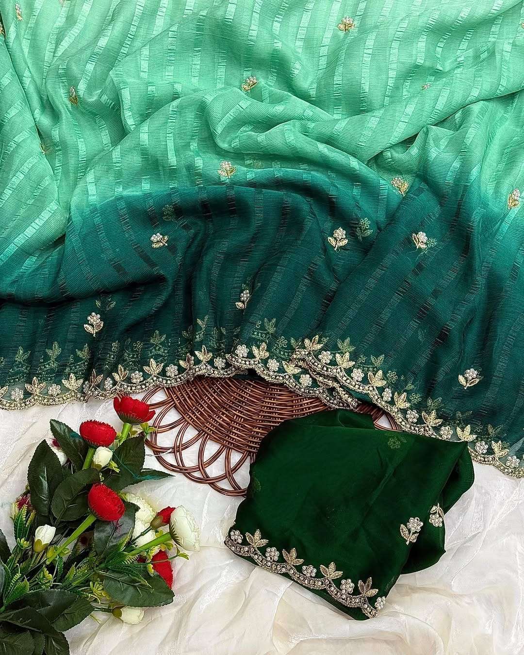 SHIMMER GEORGETTE FABRIC EMBROIDERY WORK BORDER FANCY LOOK S...