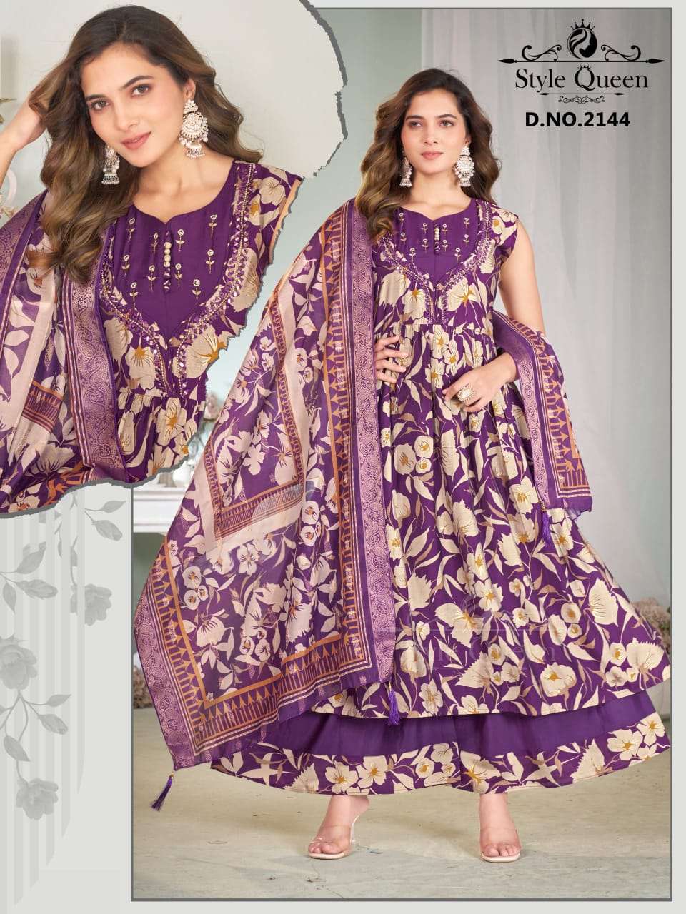 STYLE QUEEN 2142 2144 TREND DESIGNER LONG KURTI PALAZZO SUIT...