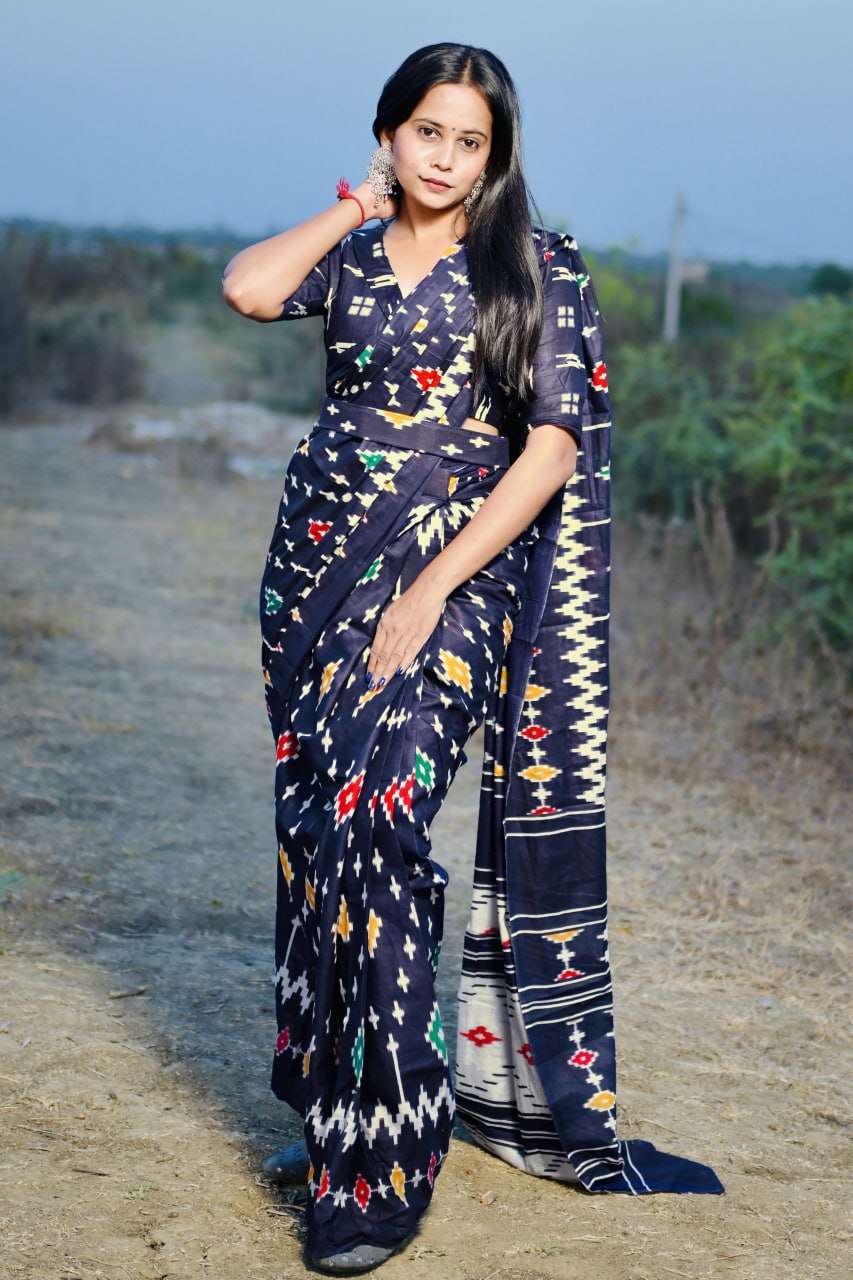 129 DARSHITA PREMIUM MALMAL COTTON PRINTED BLUE SAREE WHOLES...