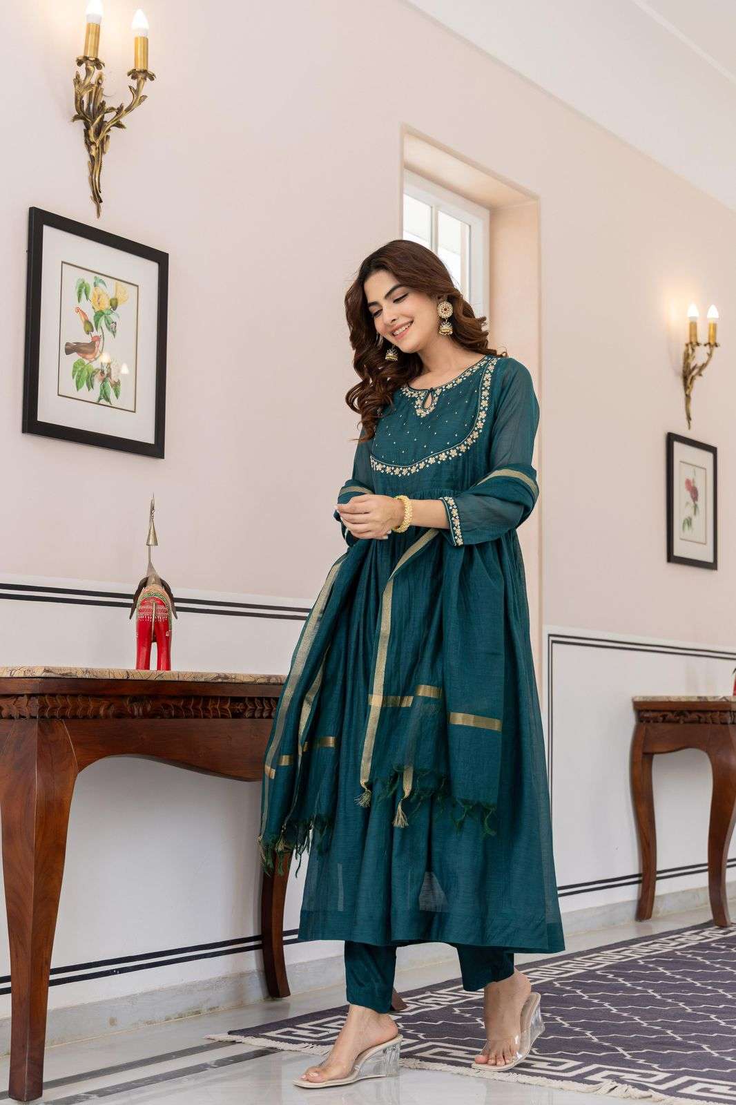 136 CHANDERI FABRIC HANDWORK ANARKALI SUIT FOR PARTY WEAR RE...