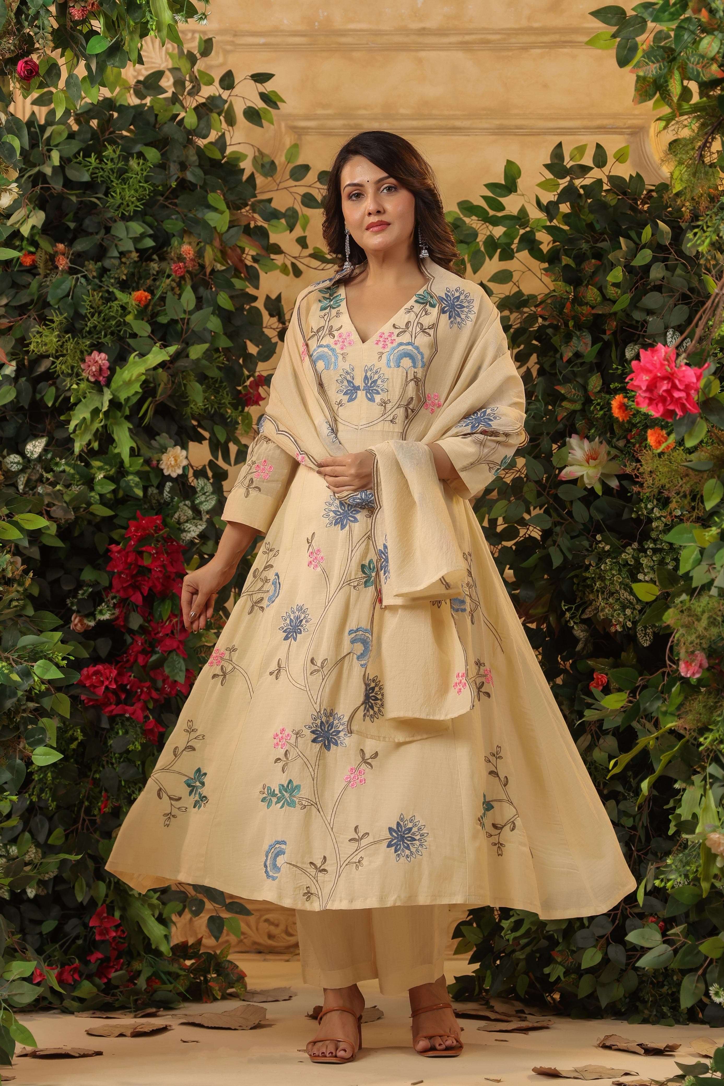 153 YOUNG WOMEN STYLE CHANDERI KURTI SUIT FOR PARTY WEAR STO...
