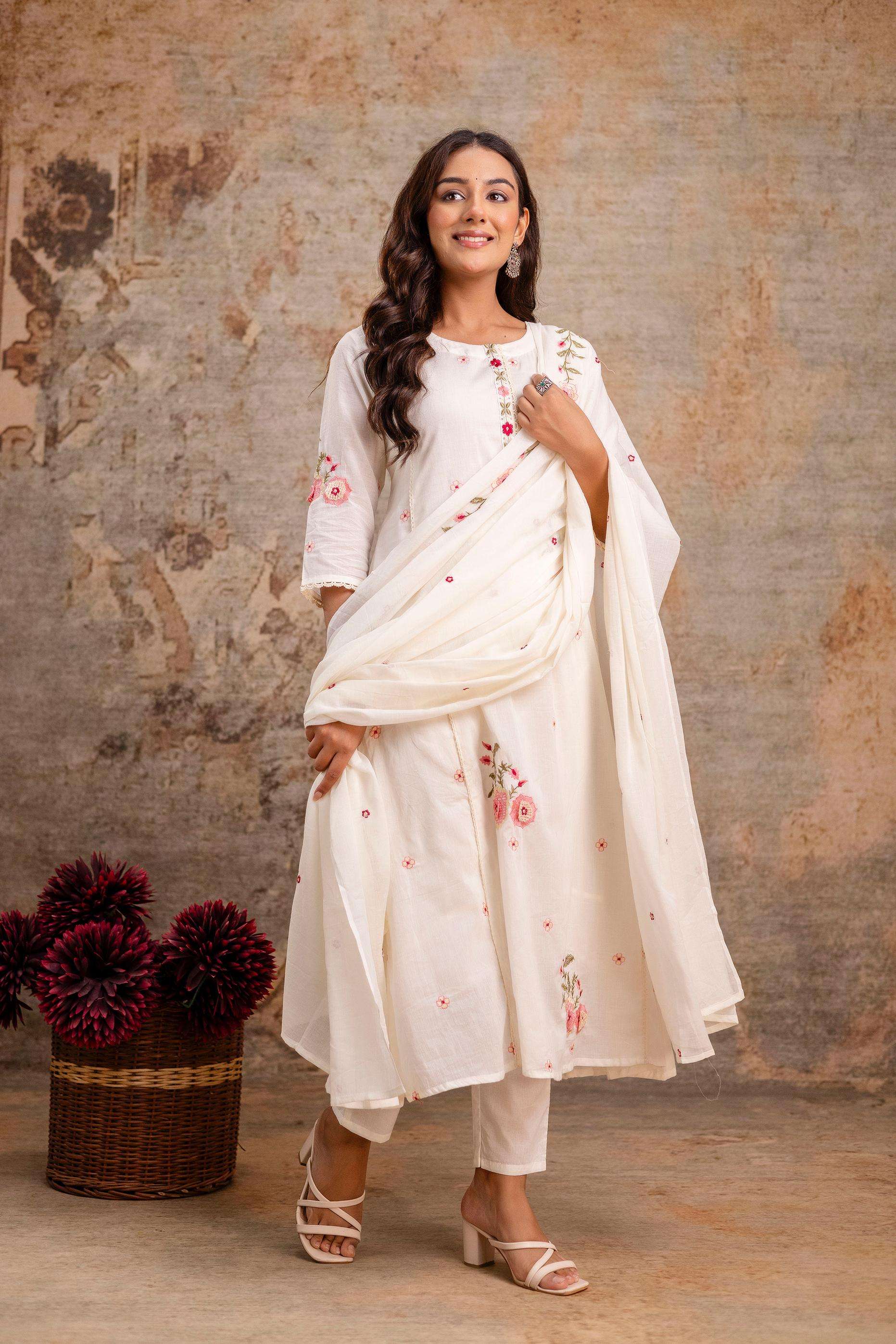 155 MULMUL EMBROIDERY ANARKALI STYLE SUIT FOR PARTY WEAR CAT...