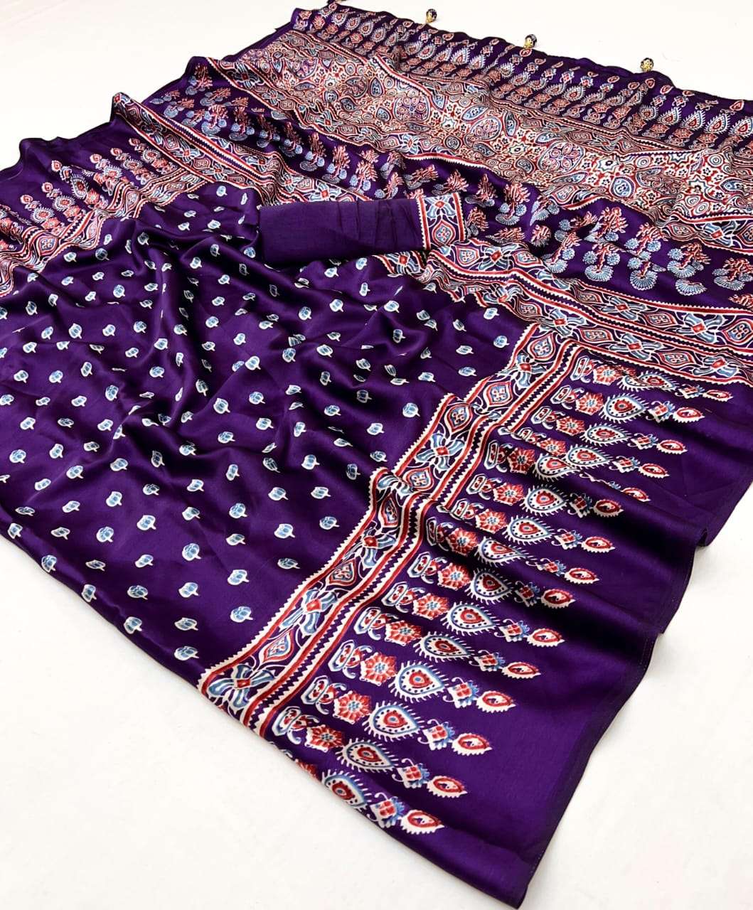 Ajrakh Design Satin Silk fabric fancy look saree best collec...