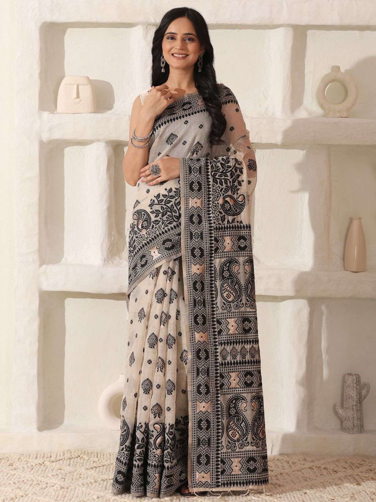 Astita Charcol Charm Linen Cotton black white shades saree b...
