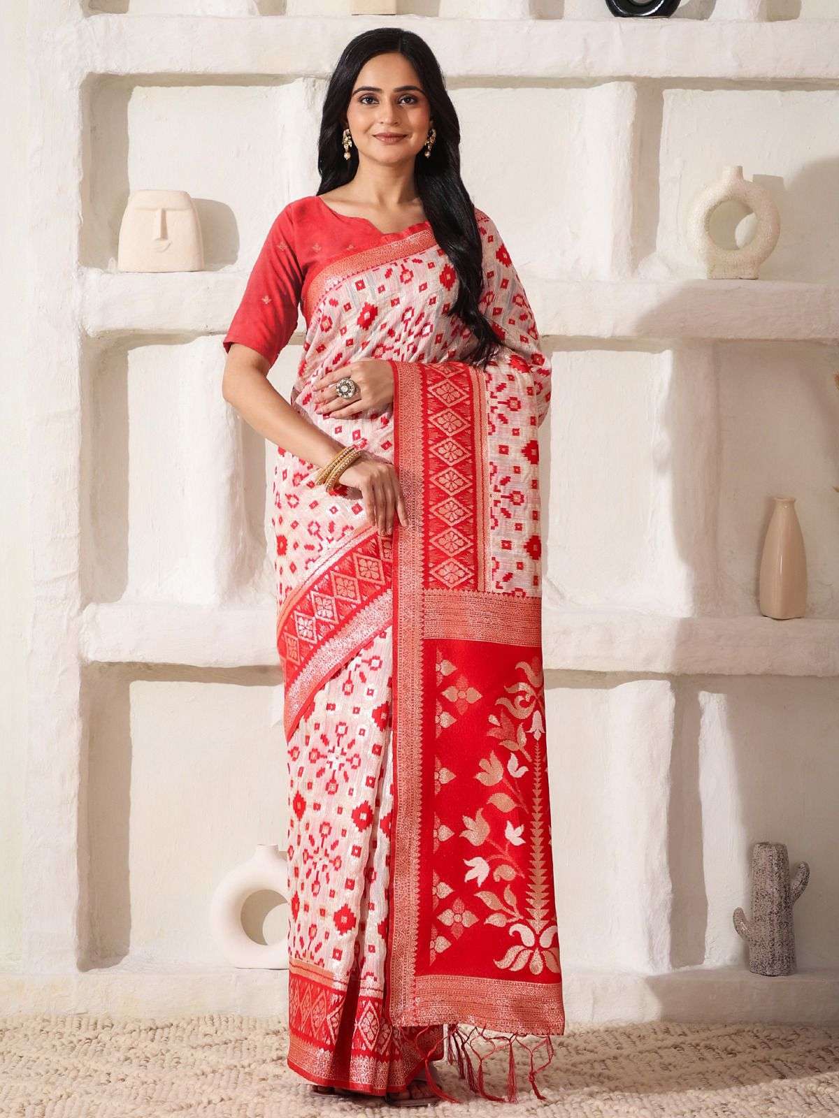 Astita Sita Linen Cotton Gurga pooja special red &White shad...