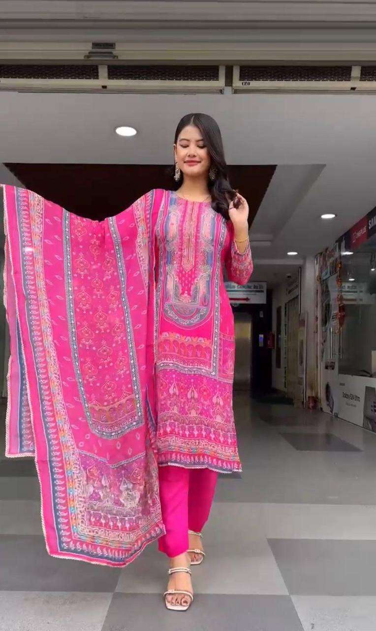 BEAUTUFUL CHINON FABRIC JAIPUR PRINTED PINK SUIT SURAT RESEL...