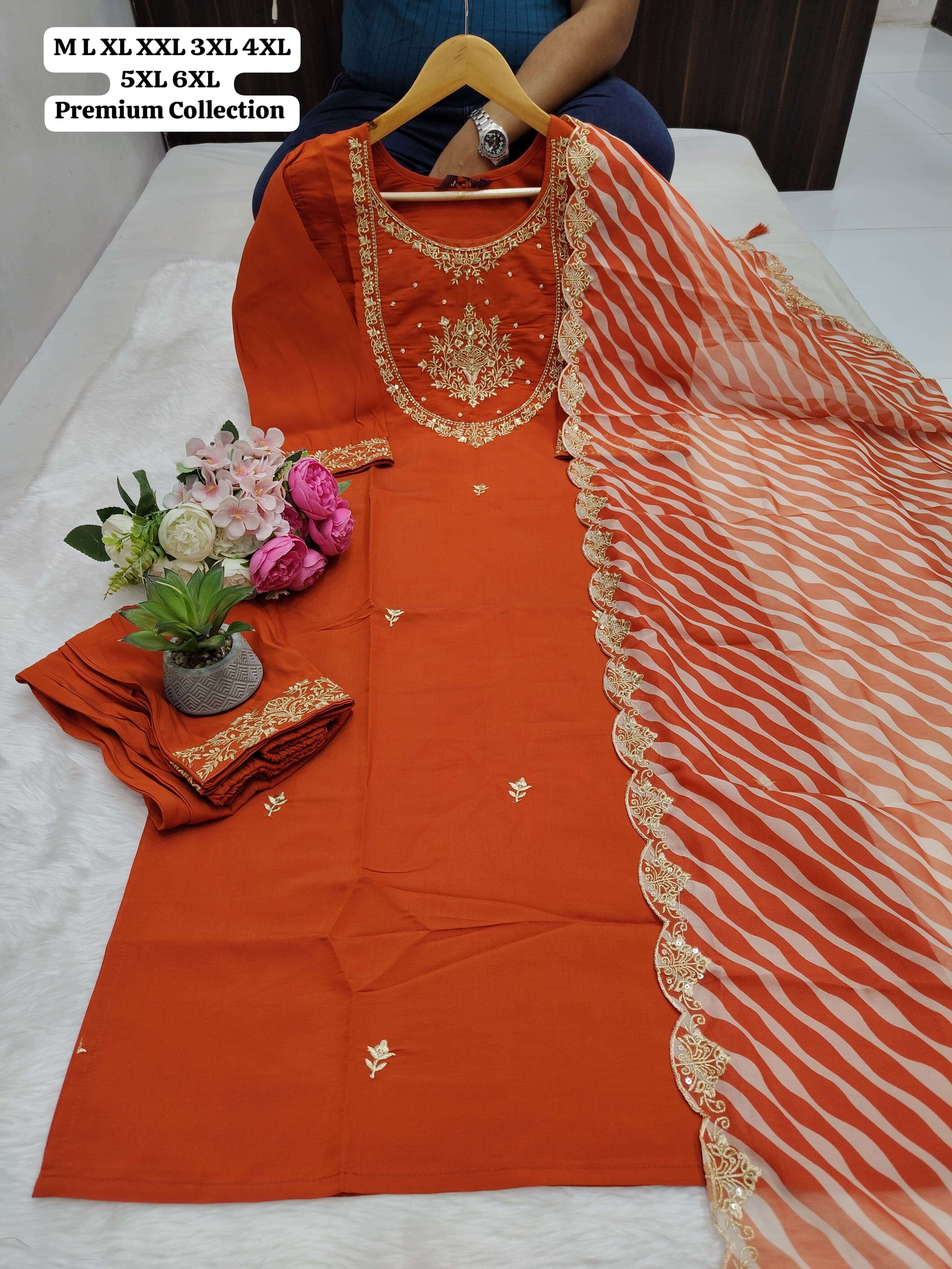 EXCLUSIVE RICH COLLECTION SILK HANDWORK KURTI PANT DUPATTA C...
