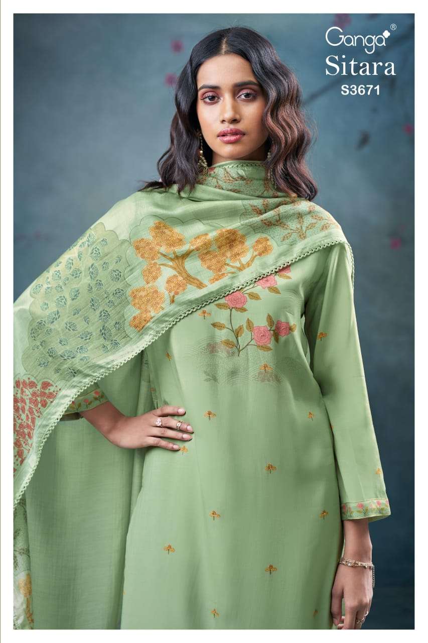 GANGA SITARA 3671 PREMIUM VISCOSE MUSLIN PRINTED SALWAR SUIT...