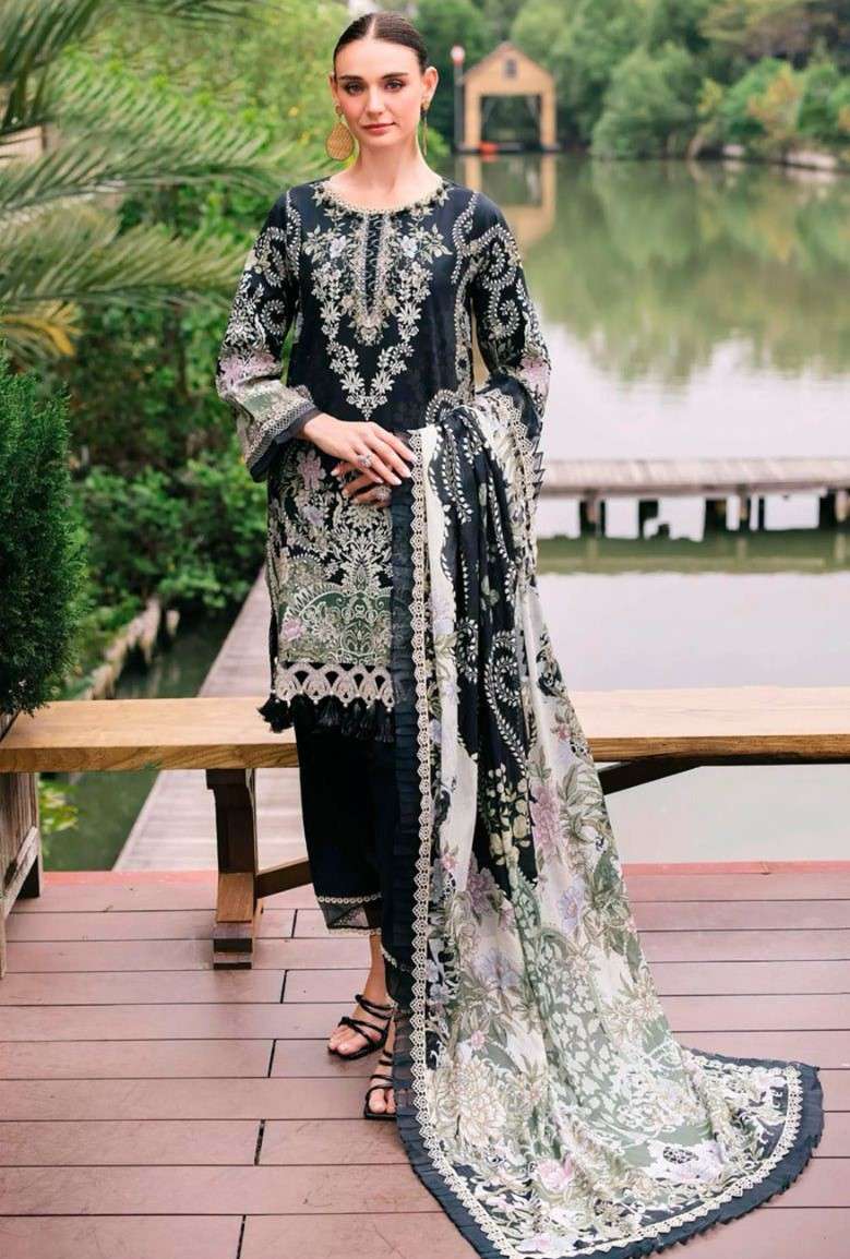HAZZEL MARIA B 0349 LUXURY PAKISTANI BLACK SUIT COTTON EMBRO...