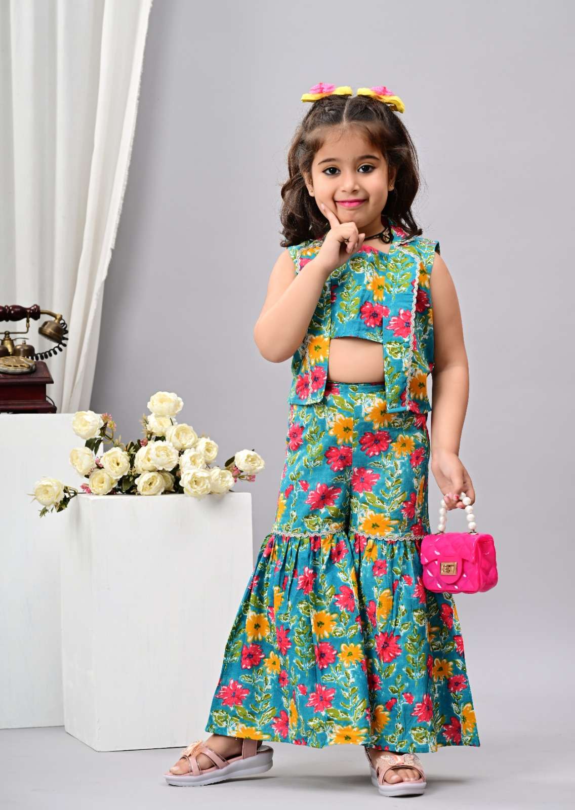 KIDS 03 GIRLS COTTON CROP TOP SHARARA AND JACKET FASHION DEA...
