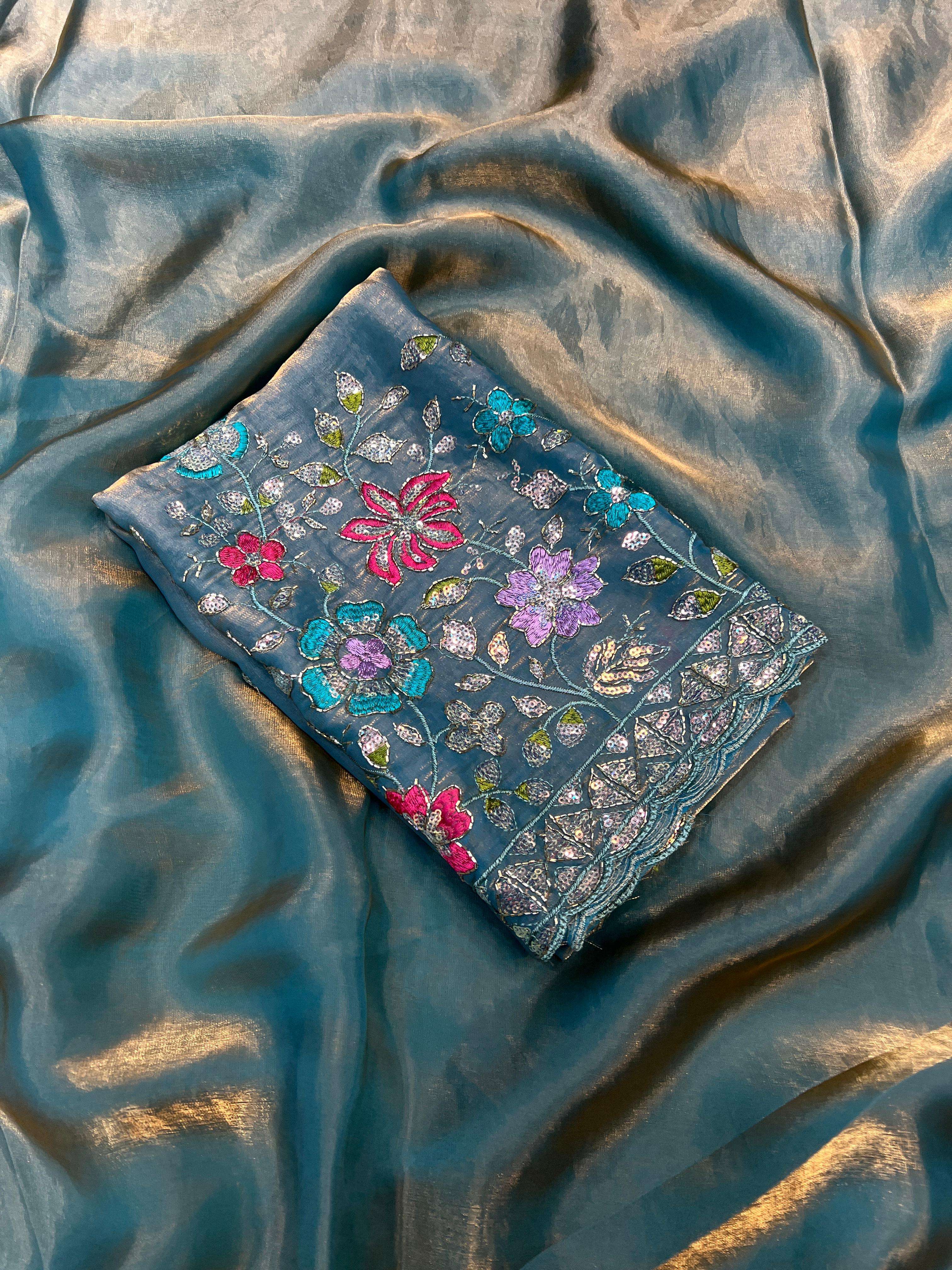 Mega Embroidery work blouse with satin silk fancy plain sare...