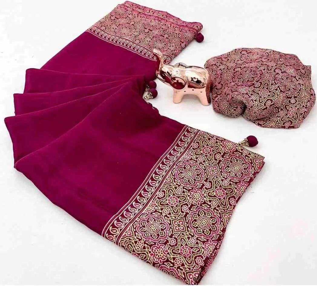 MODAL SILK AJRAKH PRINTED BORDER FANCY LOOK SAREE BEST COLLE...