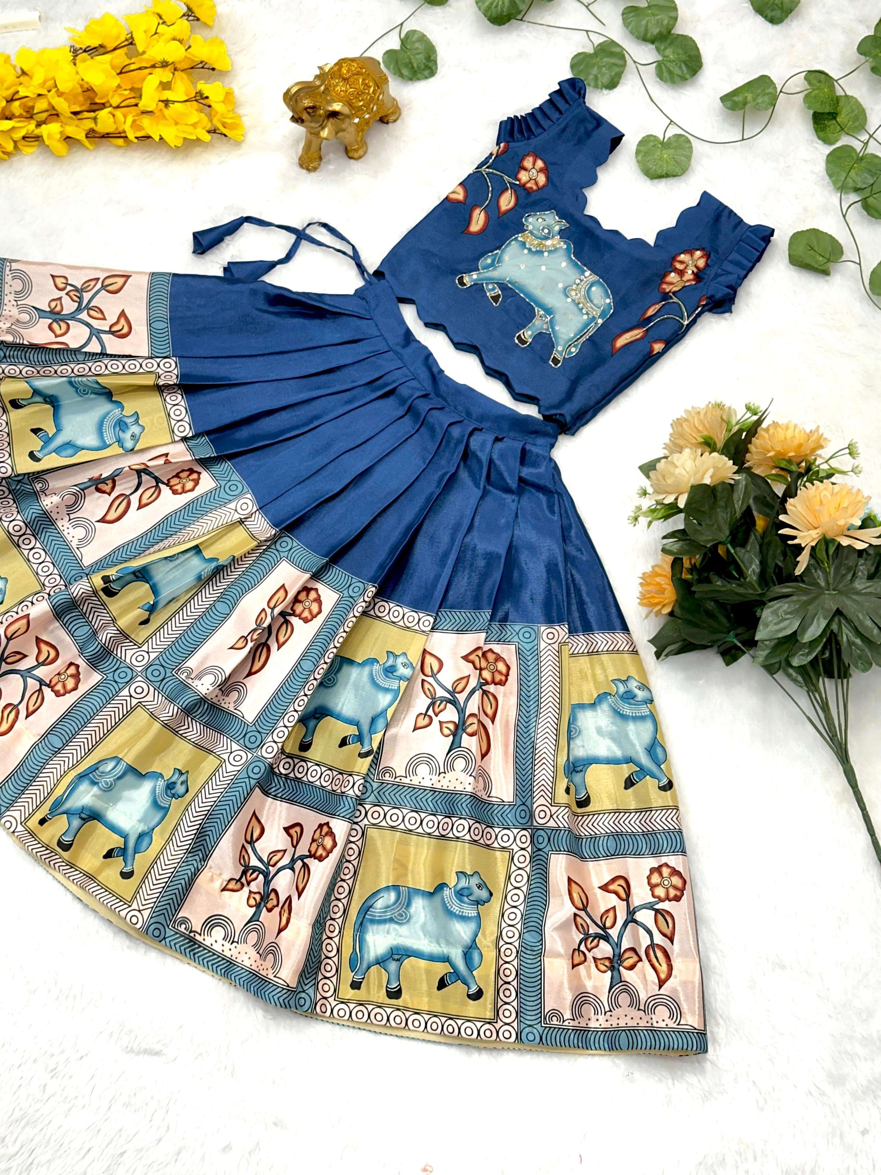 NAVRATRI SPECIAL DIGITAL PRINTED BLUE SHADES SILK FABRIC LIG...