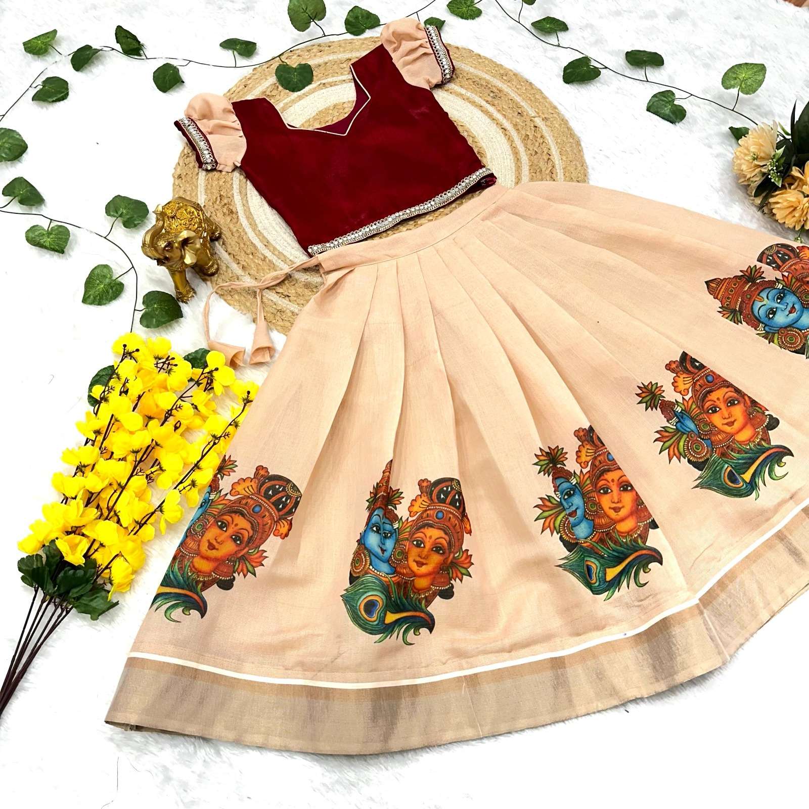 ONAM FESTIVAL SPECIAL OFF WHITE SHADES PRINTED KIDS LEHENGA ...