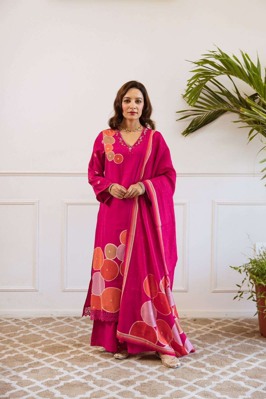 PAKISTANI STYLE MODAL FABRIC RED PINK KURTI PALAZZO SUIT DEA...