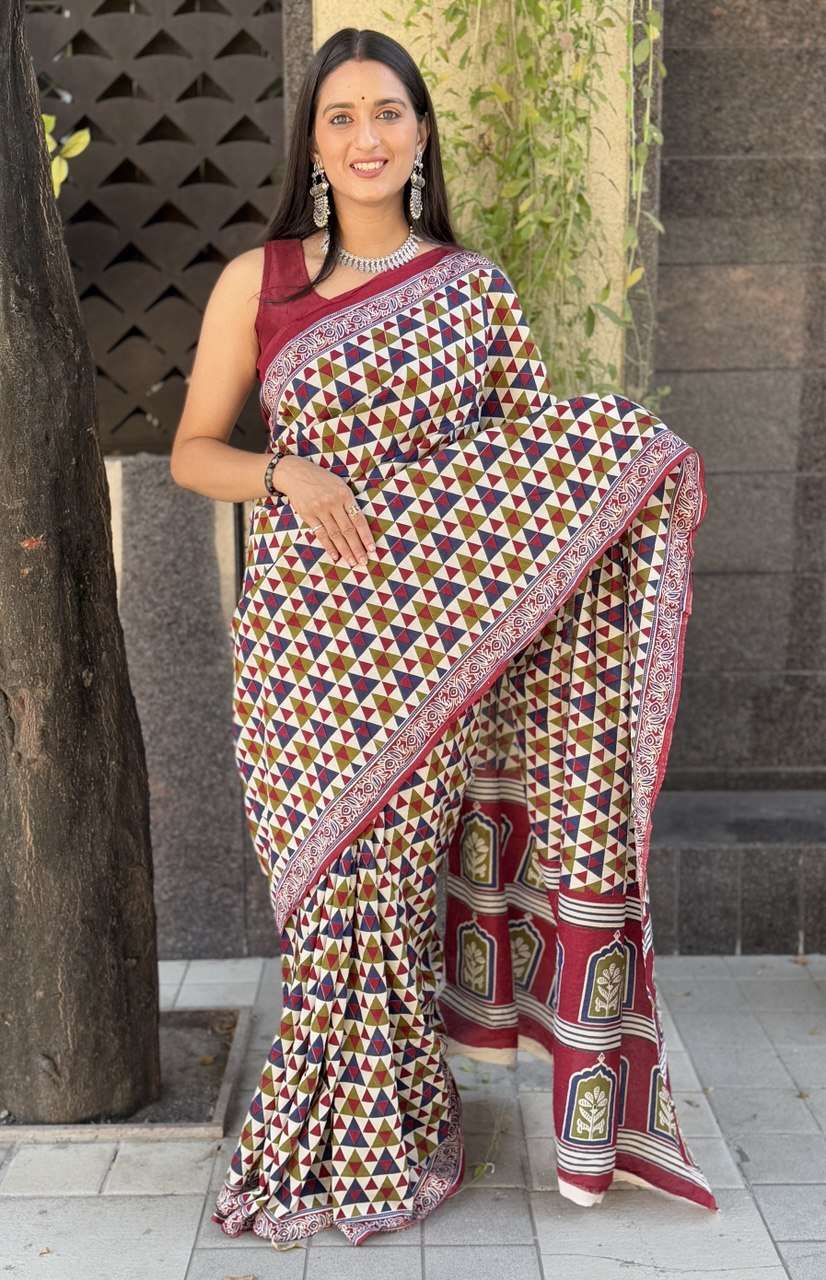 SOFT COTTON HANDCRAFT AJRAKH PRINT SAREE FOR FESTIVAL WEAR V...