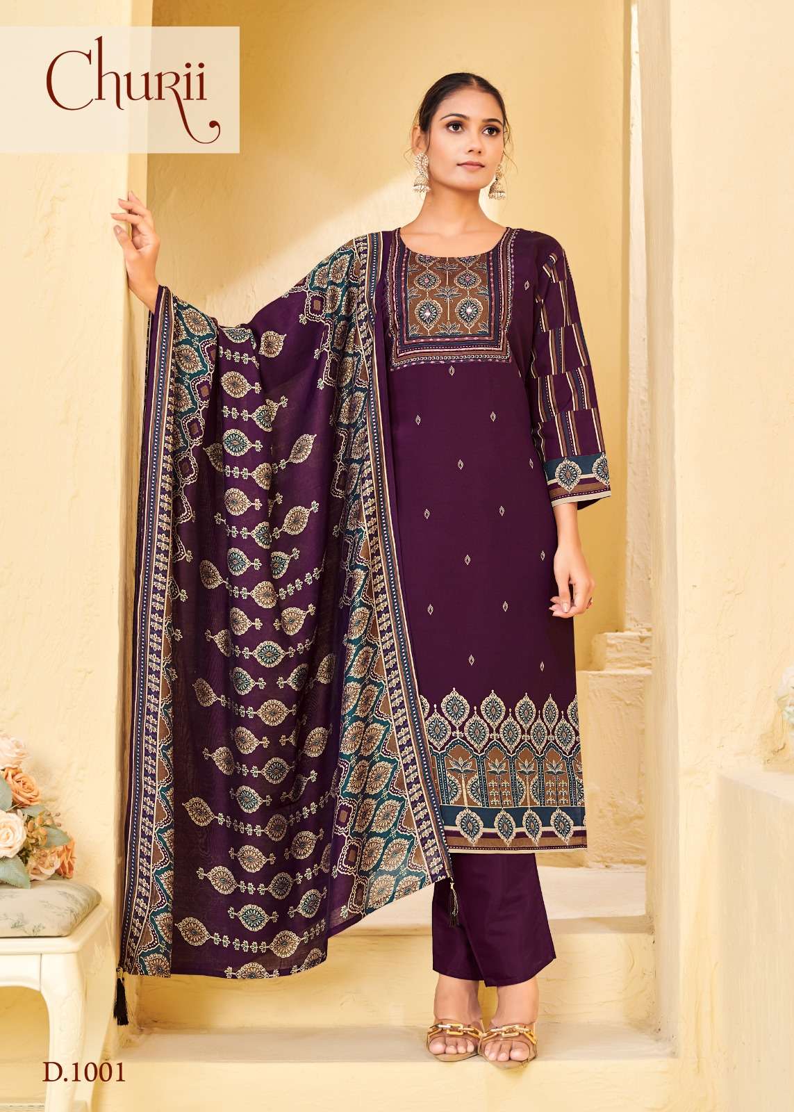 CHURII CORAL BELLS VISCOSE SILK AJRAKH PRINT SALWAR SUIT COL...