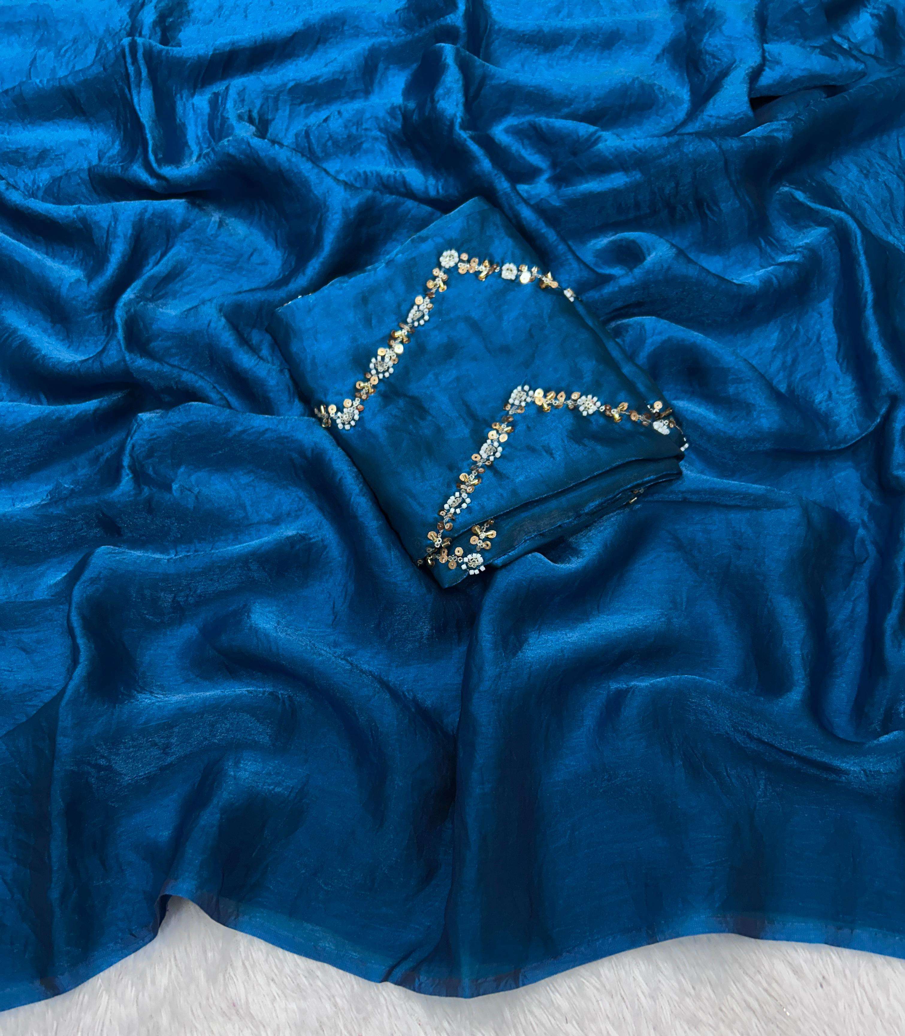 EMBROIDERY WORK BLOUSE WITH PLAIN SATIN SILK FANCY LOOK SARE...