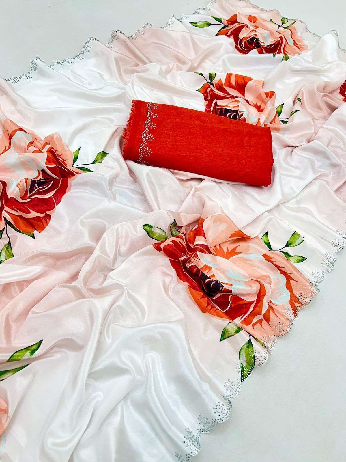 Flower Printed Satin Georgette fabric fancy saree best colle...