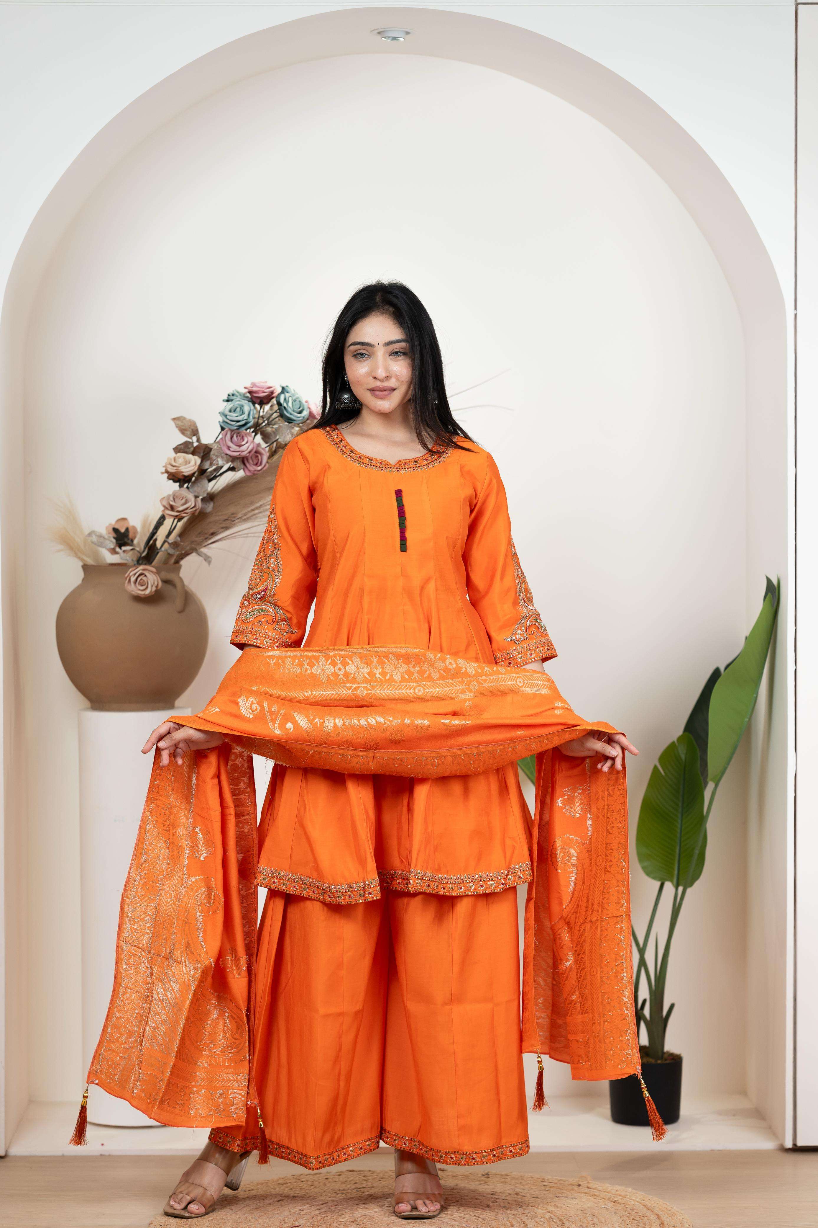 GANESH FESTIVAL SILK EMBROIDERY WORK KURTI SHARARA SUIT FOR ...
