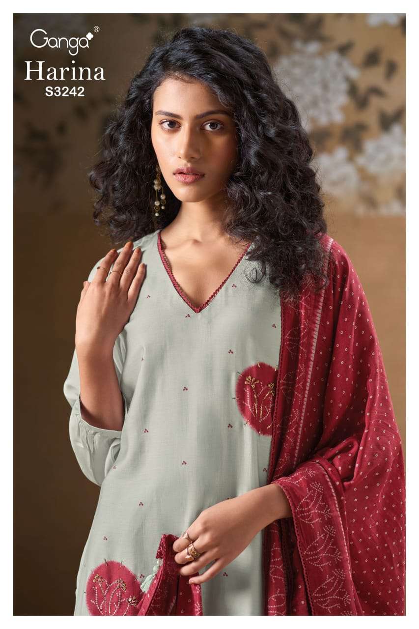 GANGA HARINA 3242 PURE BEMBERG SILK HANDWORK SALWAR SUIT FES...
