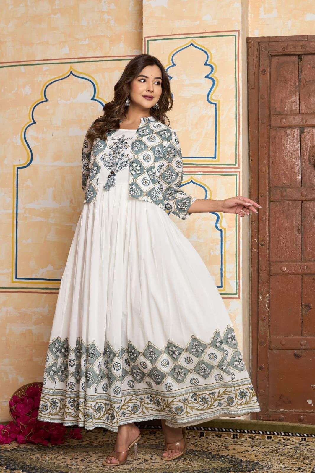 K 217 TRENDING DESI OUTFIT LONG FLAIR GOWN WITH JACKET FASHI...