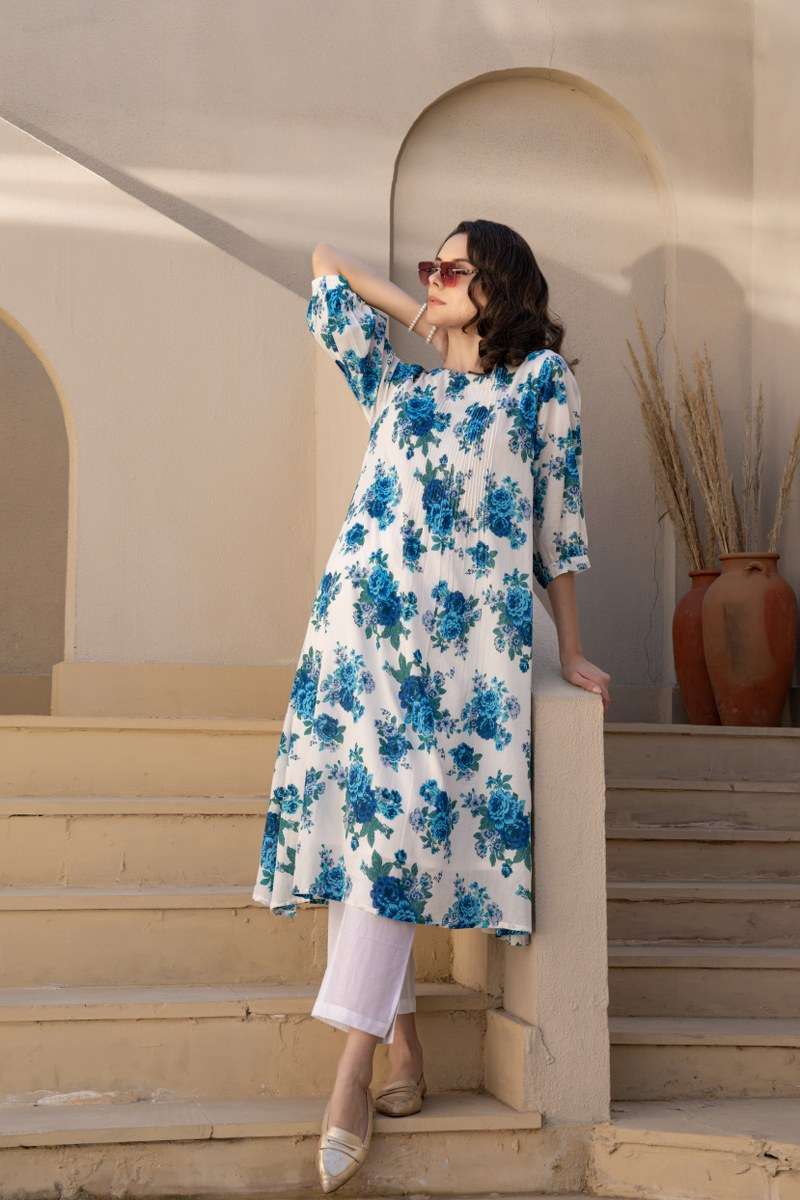 K 224 OFFICE CASUAL WEAR COTTON WHITE KURTI BLOUE FLOWER DES...