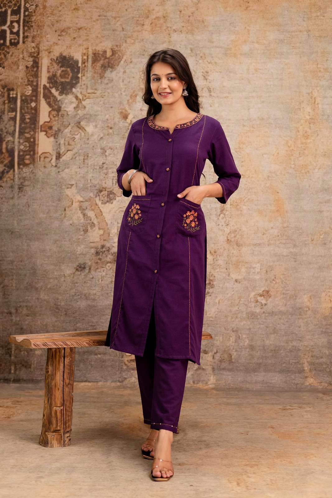 K 259 BEAUTIFUL COTTON EMBROIDERY WORK KURTI POCKET CORD SET...