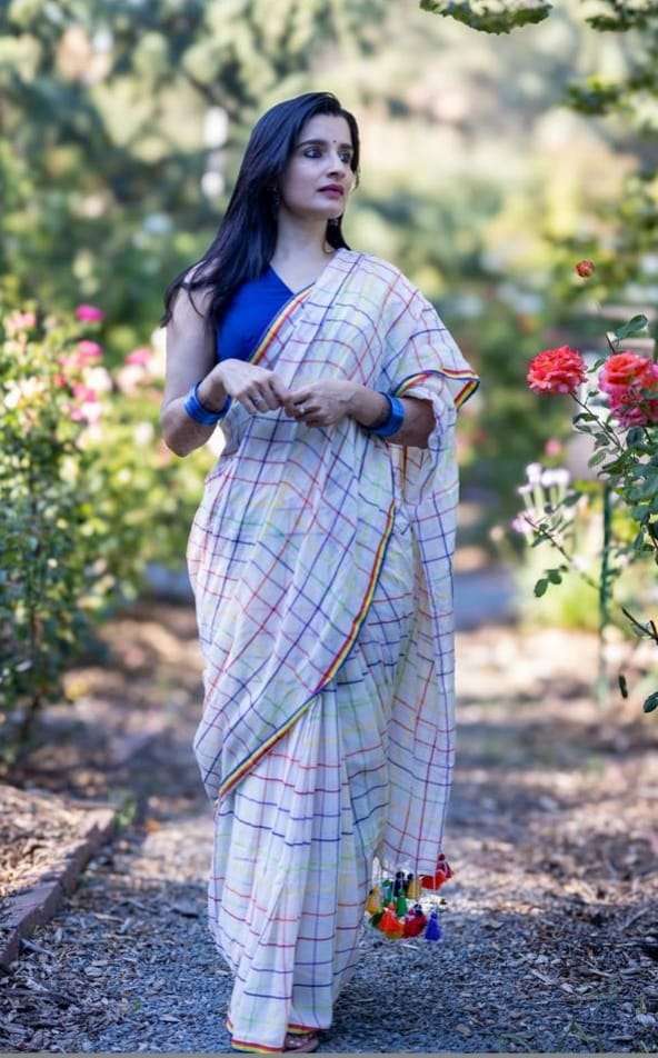 MULTI SHADES CHEX LINEN FABRIC WHITE SHADES SAREE BEST COLLE...