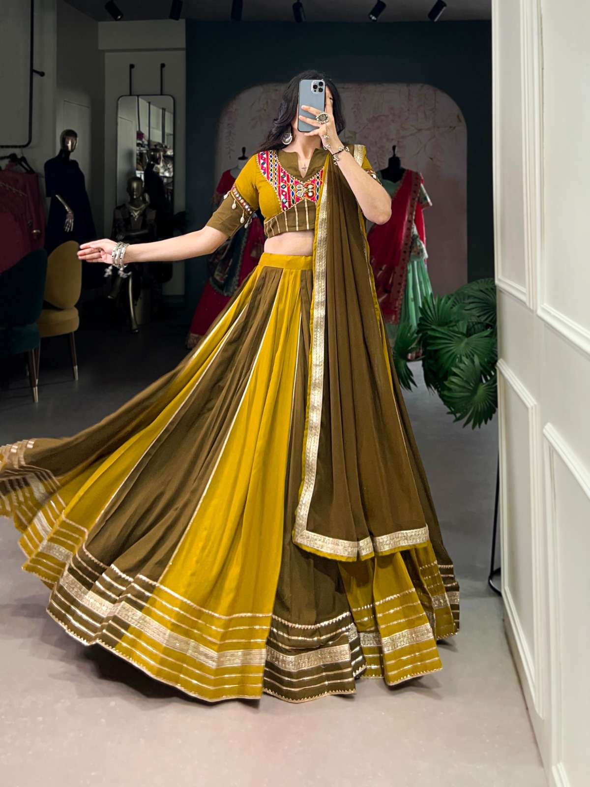 NAVRATRI SPECIAL GAMTHI WORK BLOUSE WITH TWO SHADE LEHENGA C...