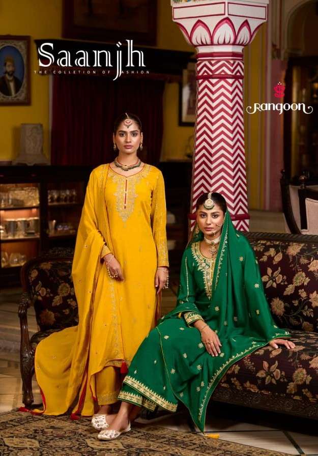 RANGOON SAANJH CHINON FABRIC MIRROR WORK SALWAR SUIT WHOLESA...