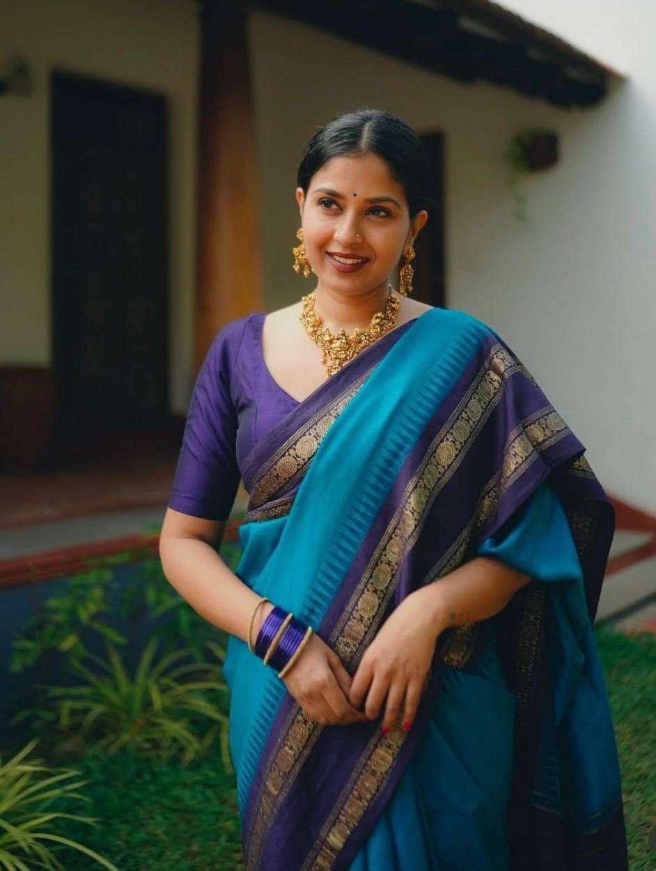 SIMILAR SILK JACQUARD BORDER BLUE SAREE FOR GANESH DIWALI OU...
