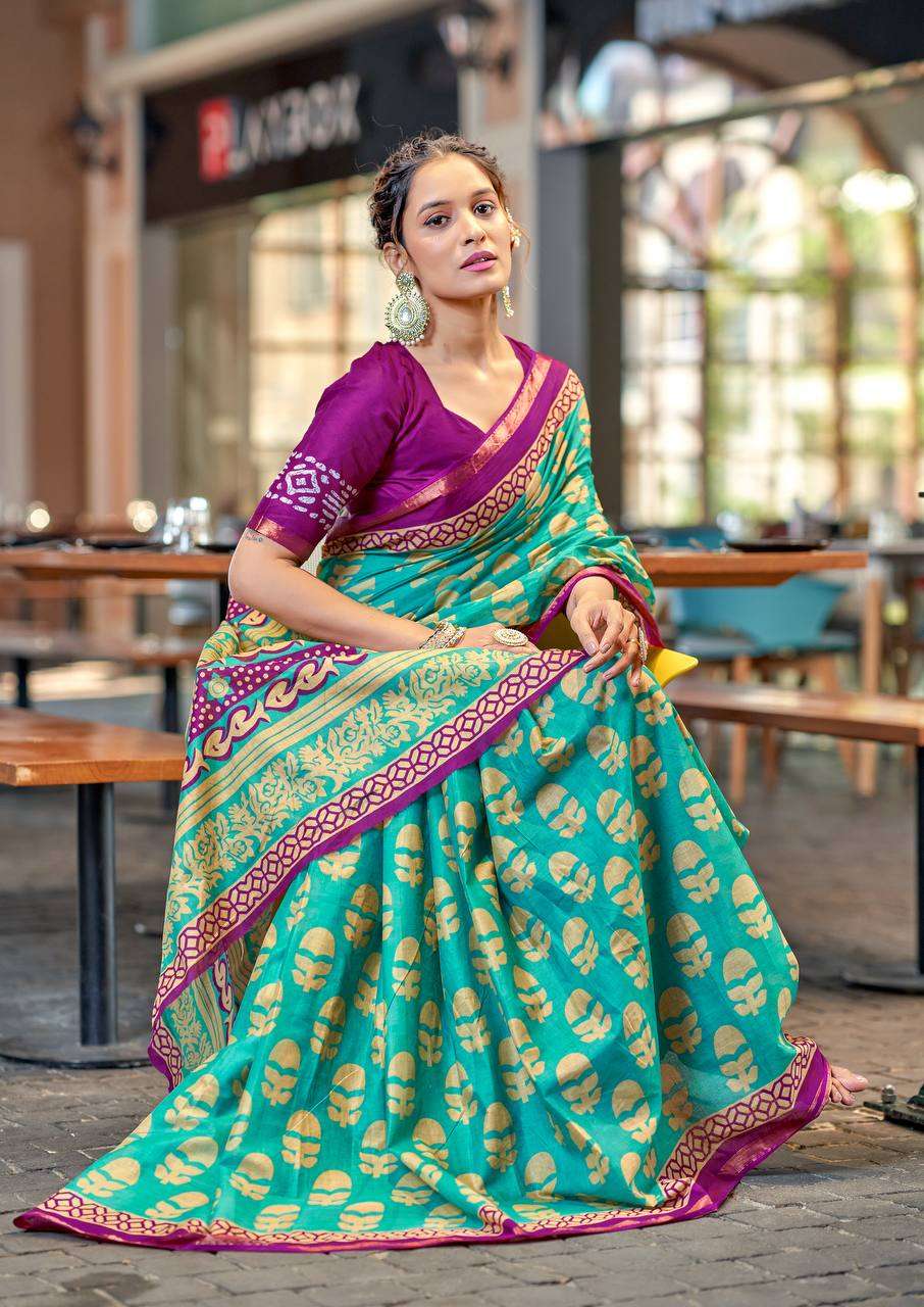 SKU 83 13 SHADI TRADITIONAL BLOCK PRINT COTTON SAREE WITH BL...
