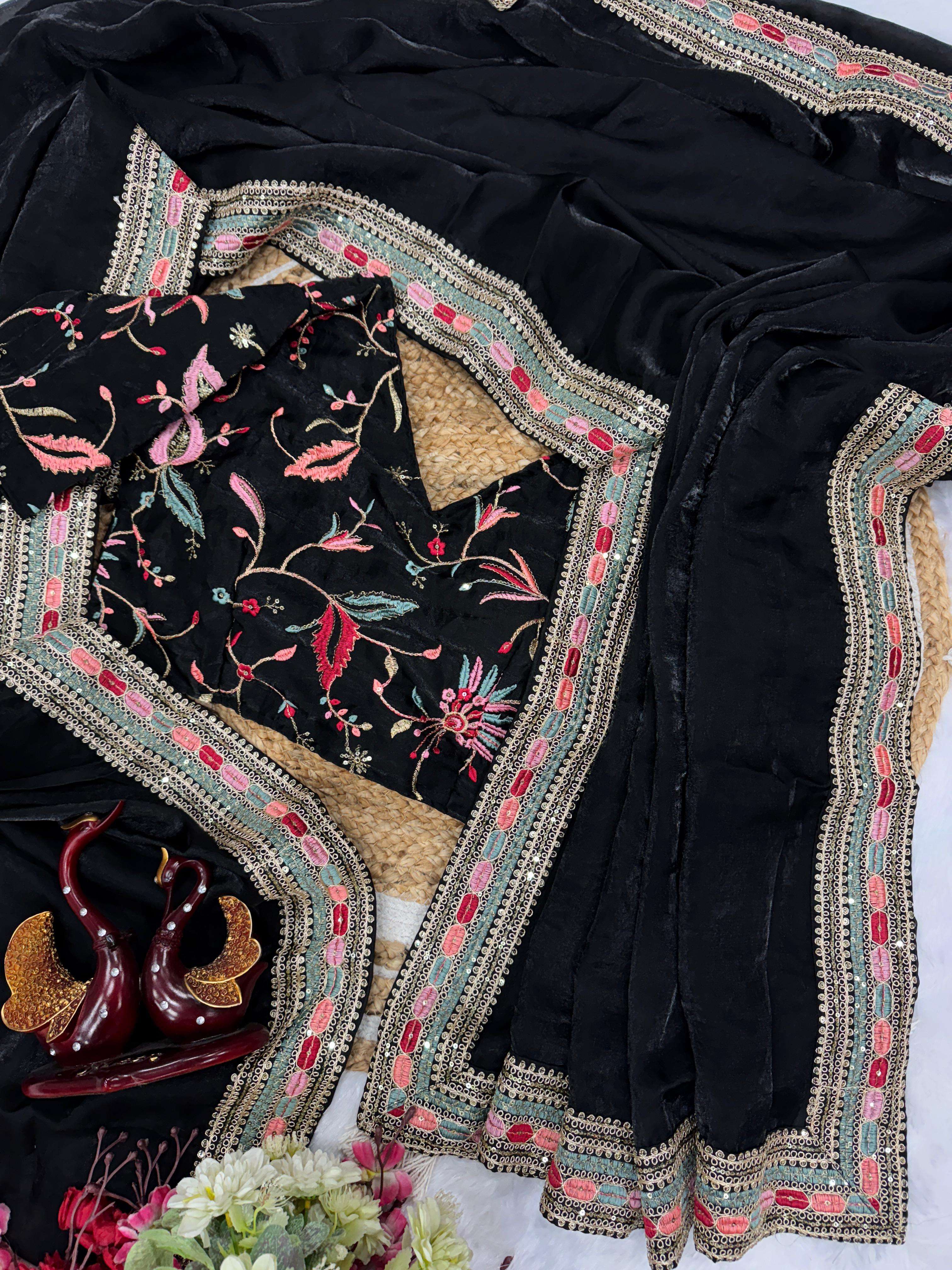   Soft Silk black shades multi color embroidery work Border ...