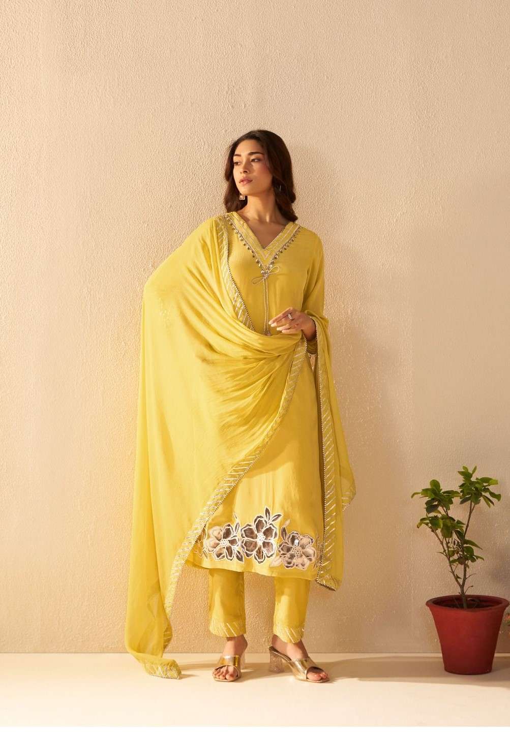 TTT TRADITIONAL DESIGNER COTTON WORK YELLOW SUIT LADIES SUPP...