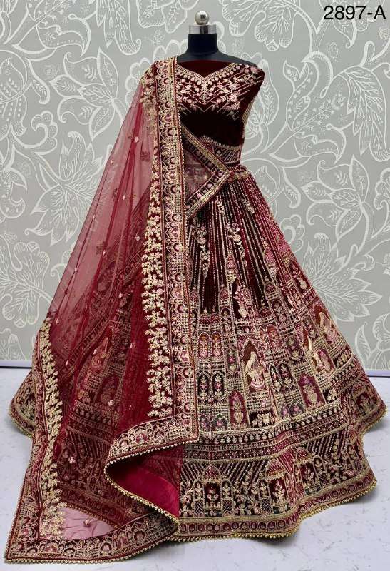 2897 GUJARATI WEDDING MAROON VELVET HEAVY WORK DOUBLE DUPATT...