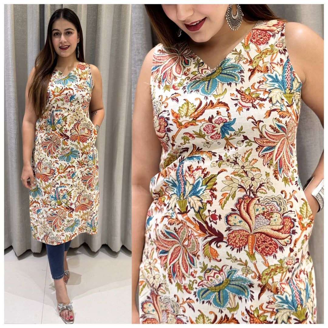 BLUSH 7 0 SLEEVELESS COTTON PRINTED KURTI FOR REGULAR AND OF...
