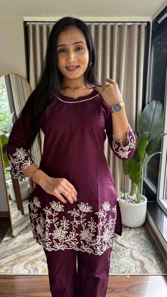 CASUAL OUTFIT COTTON EMBROIDERY WORK CORD SET WITH POCKET DE...