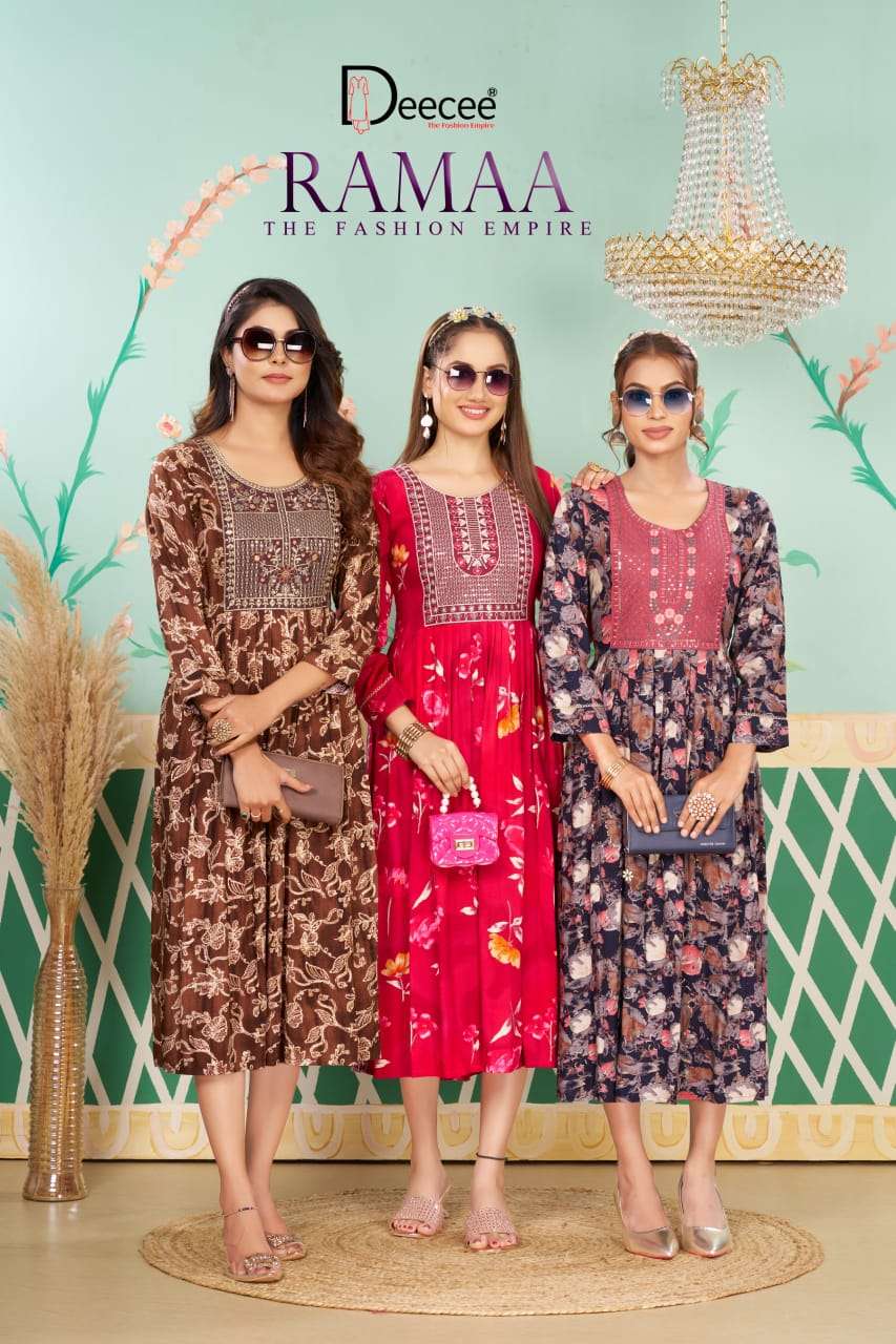 DEECEE RAMAA RAYON PRINTED LONG NAYRA CUT KURTI COLLECTION S...