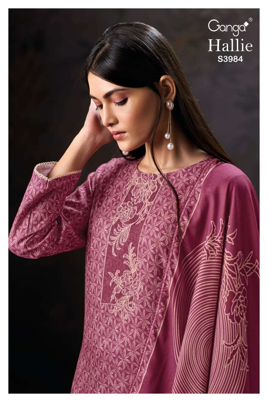 GANGA HALLIE 3984 PREMIUM WOOL PASHMINA PRINTED EMBROIDERY S...