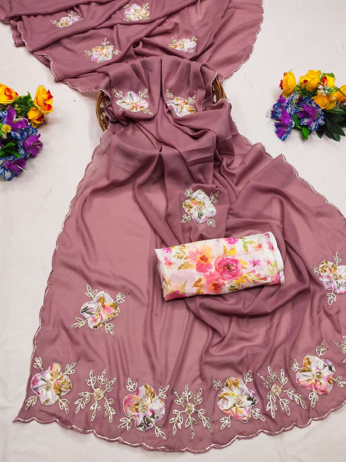 Georgette with beautiful hand work peach Butta SAREE BEST ON...