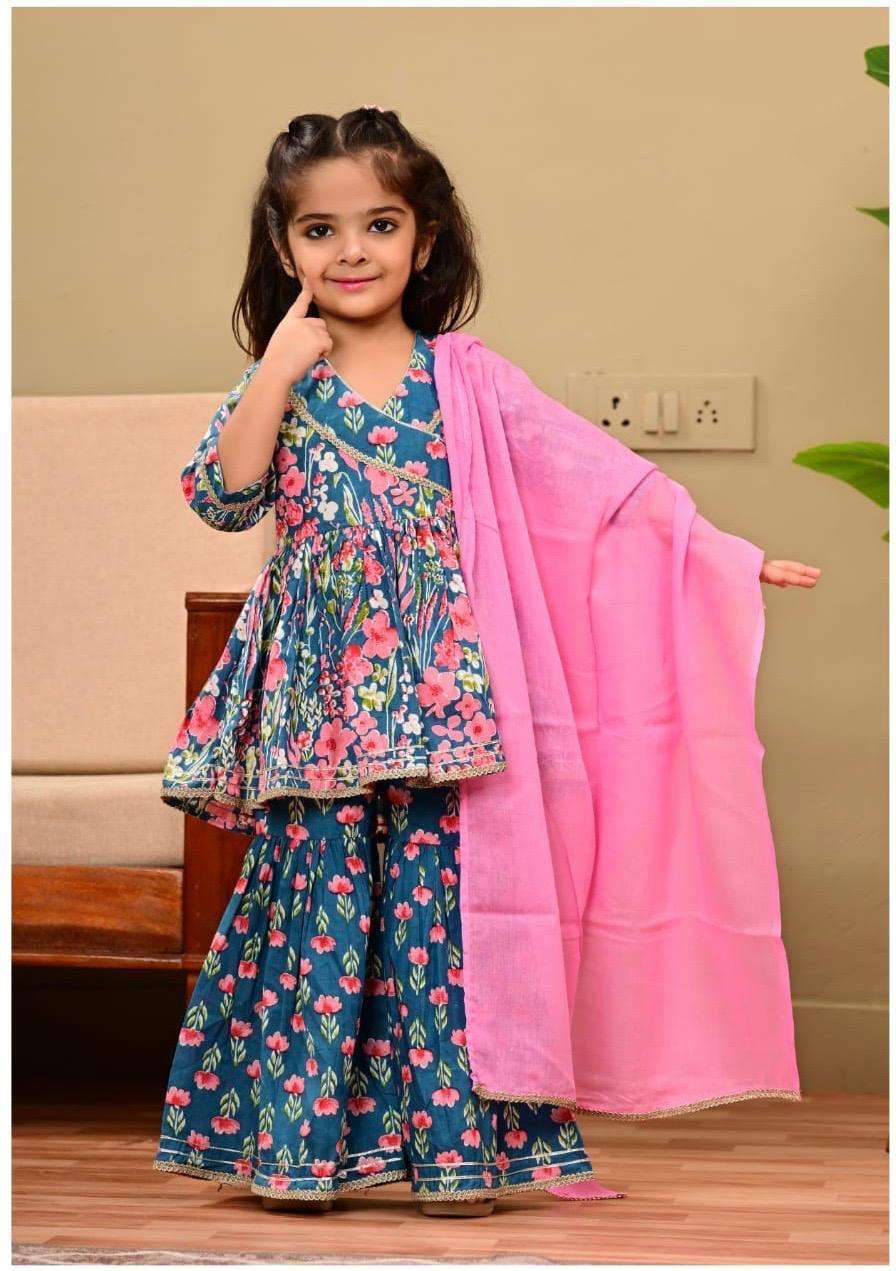KIDS 07 CHILDREN GIRLS COTTON KURTA SHARARA & DUPATTA SET CO...
